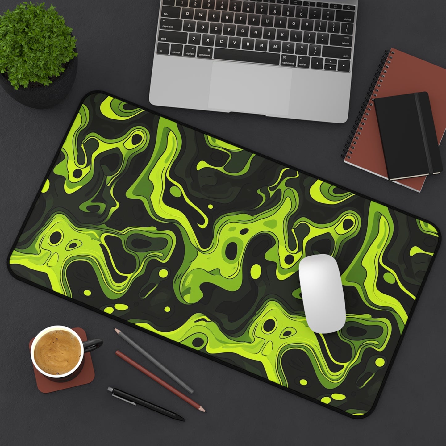 Neon Green Abstract Desk Mat - Vibrant Gaming Mouse Pad with Sleek Acid Swirl Design