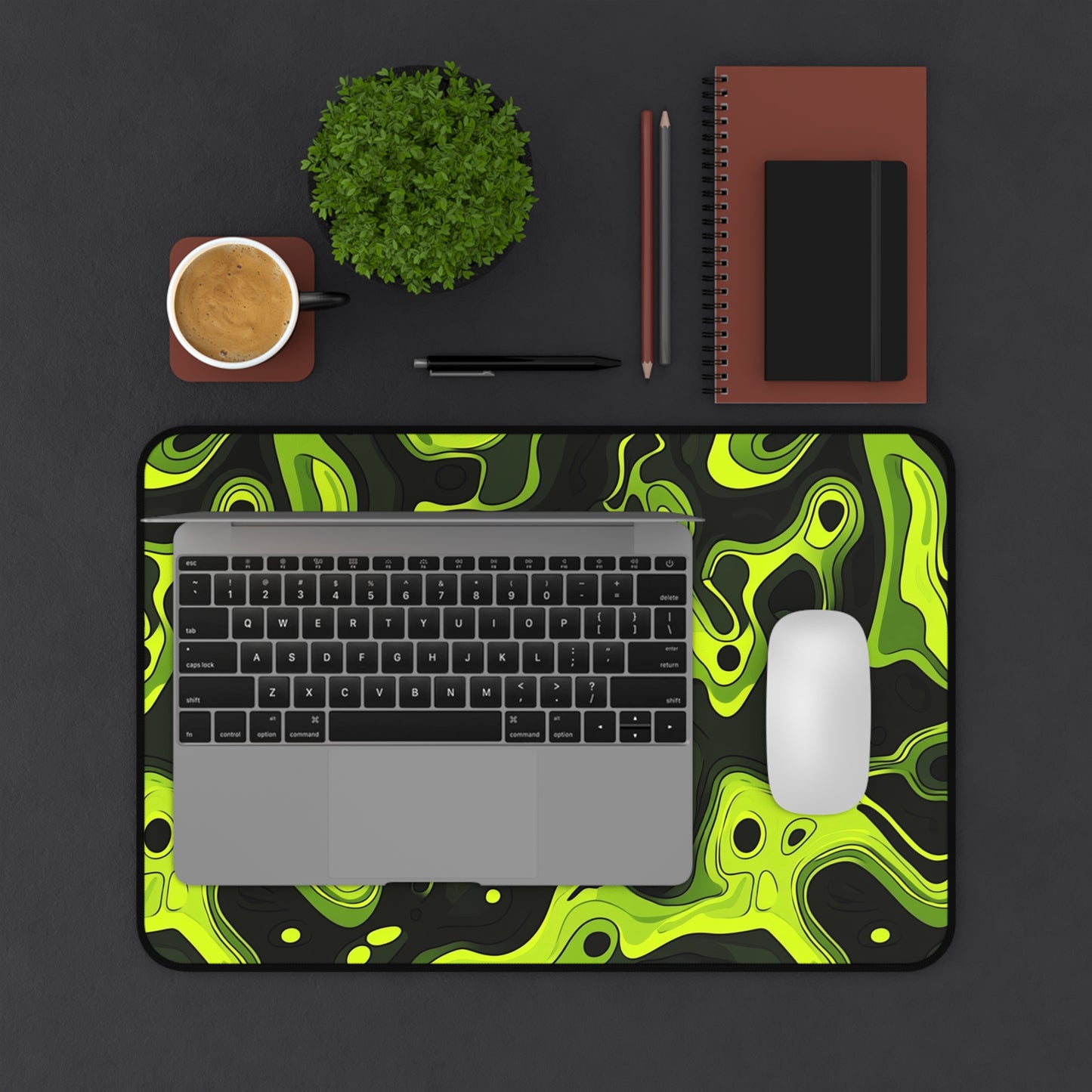 Neon Green Abstract Desk Mat - Vibrant Gaming Mouse Pad with Sleek Acid Swirl Design