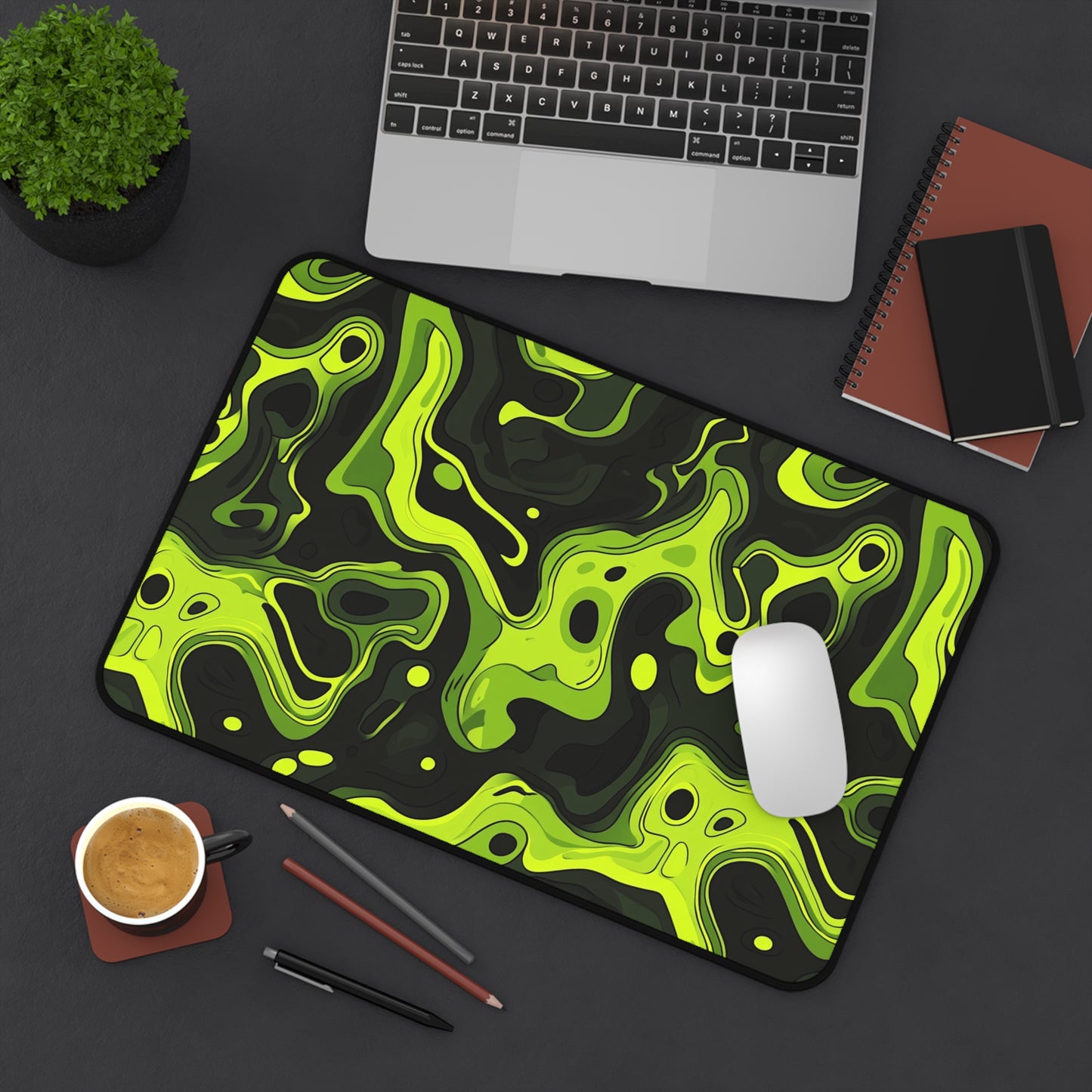 Neon Green Abstract Desk Mat - Vibrant Gaming Mouse Pad with Sleek Acid Swirl Design