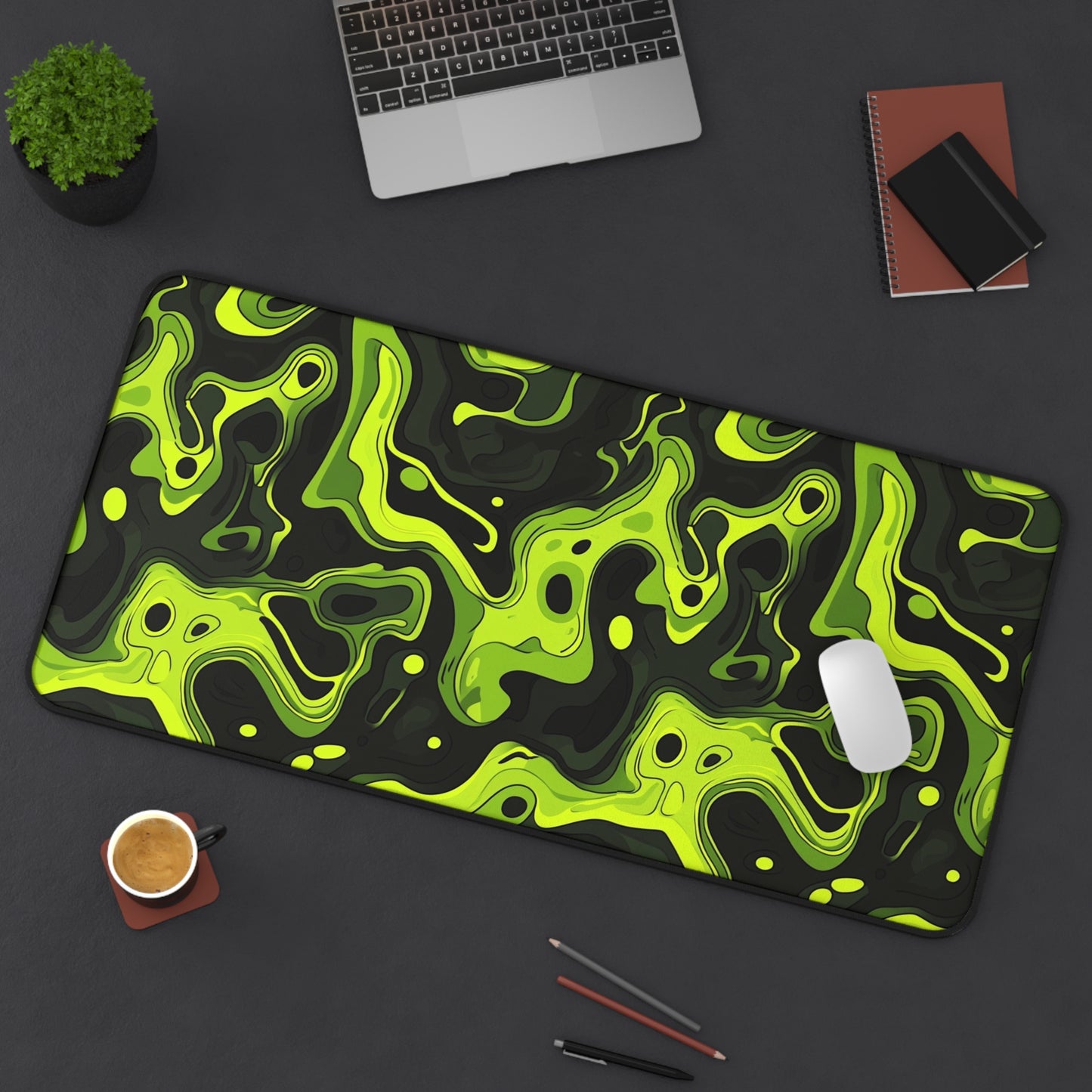 Neon Green Abstract Desk Mat - Vibrant Gaming Mouse Pad with Sleek Acid Swirl Design