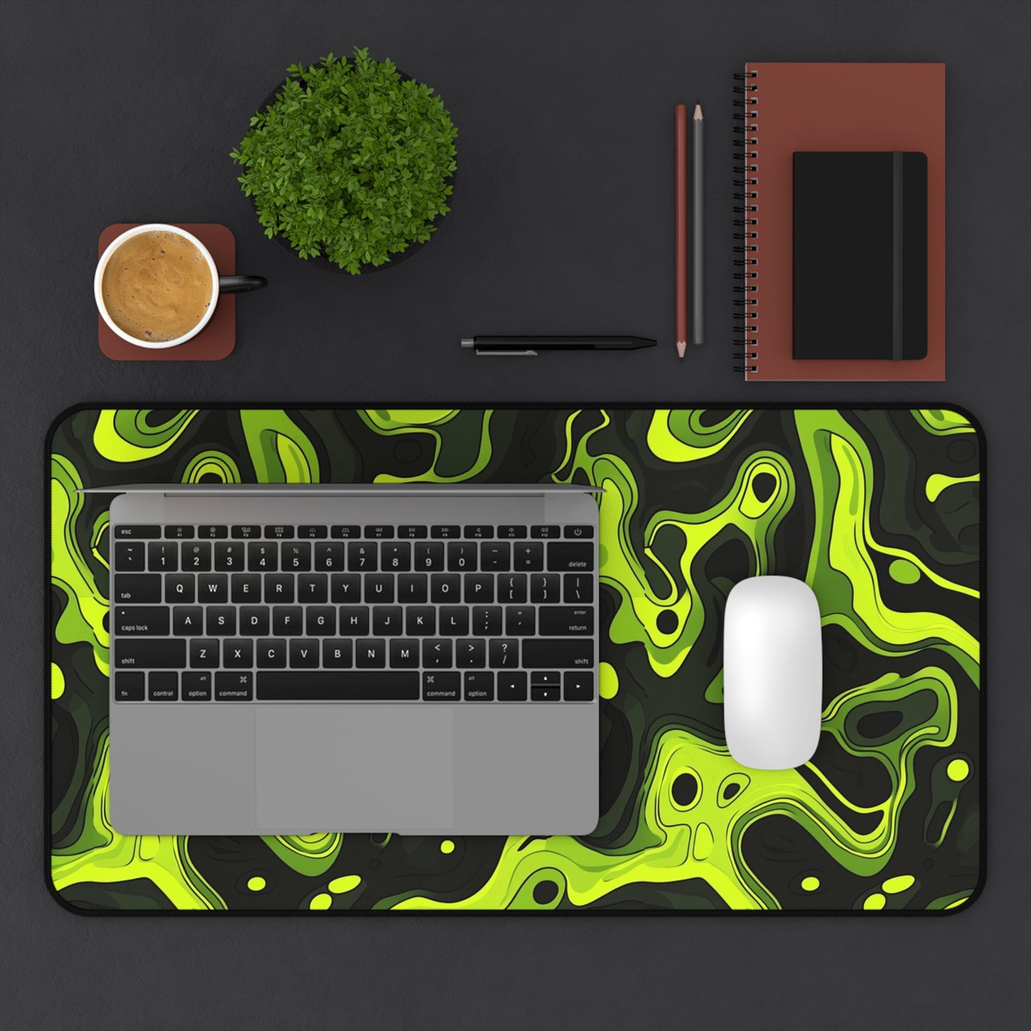 Neon Green Abstract Desk Mat - Vibrant Gaming Mouse Pad with Sleek Acid Swirl Design