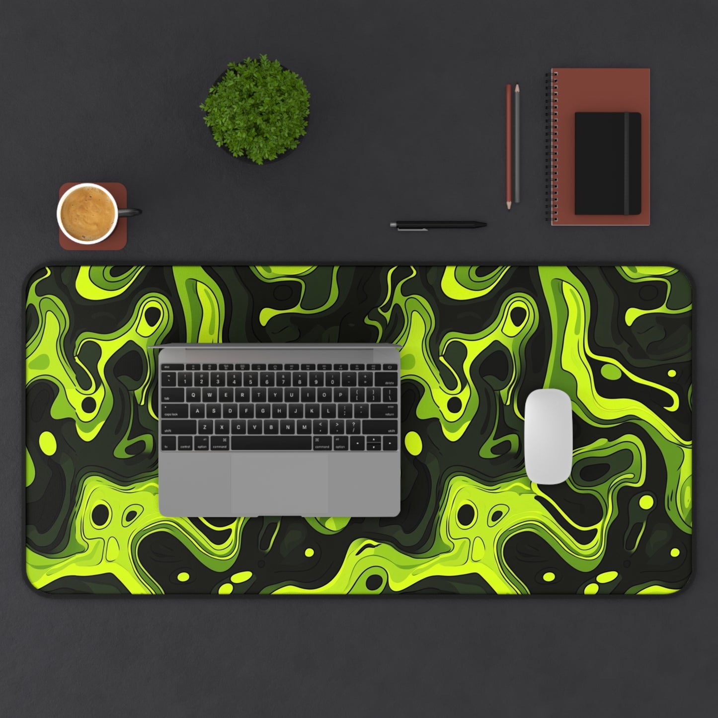 Neon Green Abstract Desk Mat - Vibrant Gaming Mouse Pad with Sleek Acid Swirl Design